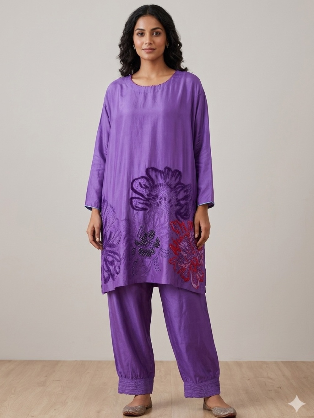Péro 2 Piece Top & Bottom Purple Floral Embroidered Tunic 100% Silk 40 & 44
